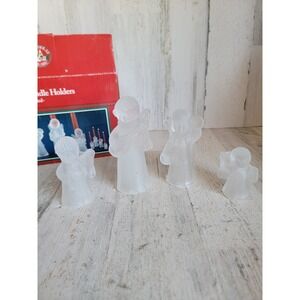 Vintage St Nicholas square Angel candle holders frosted glass‎ Xmas set